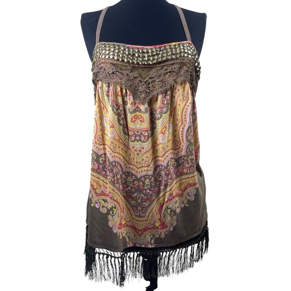 Free People Paisley Multi Media Strappy Top with Fringe Tulip Back Size M - Picture 2 of 16